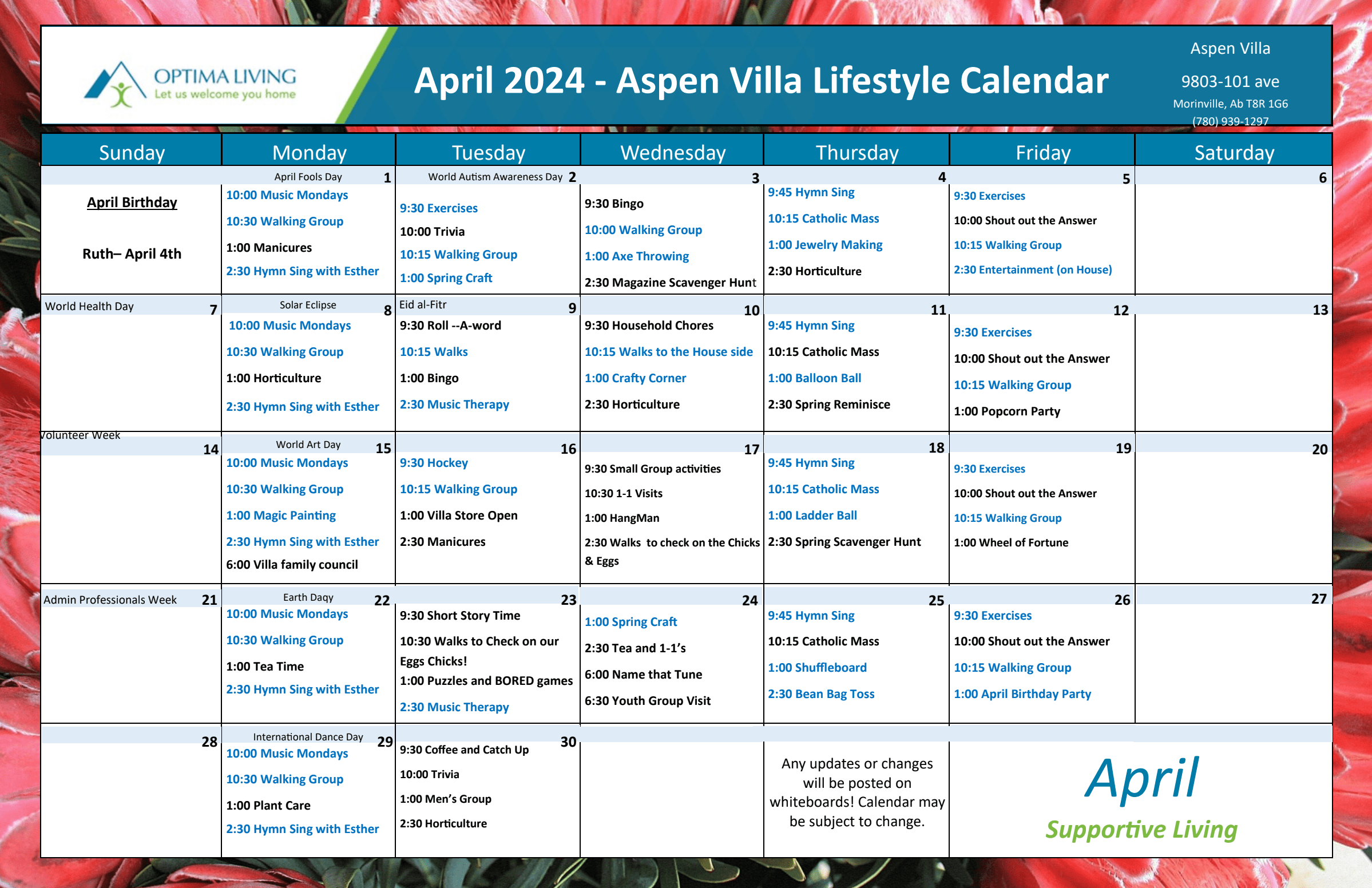 Aspen House April 2024 Villa event calendar